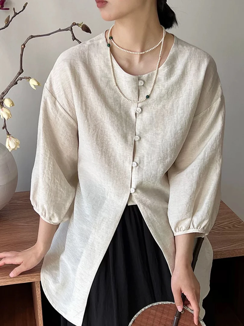 新中式系带亚麻衬衣开衫七分灯笼袖通勤上衣女式衬衫