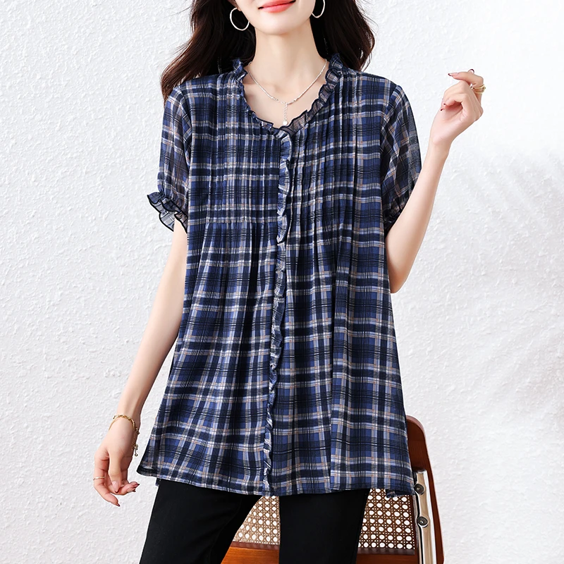 花边格子上衣女2025夏季新款大码V领印花洋气小衫减龄百搭短袖T恤