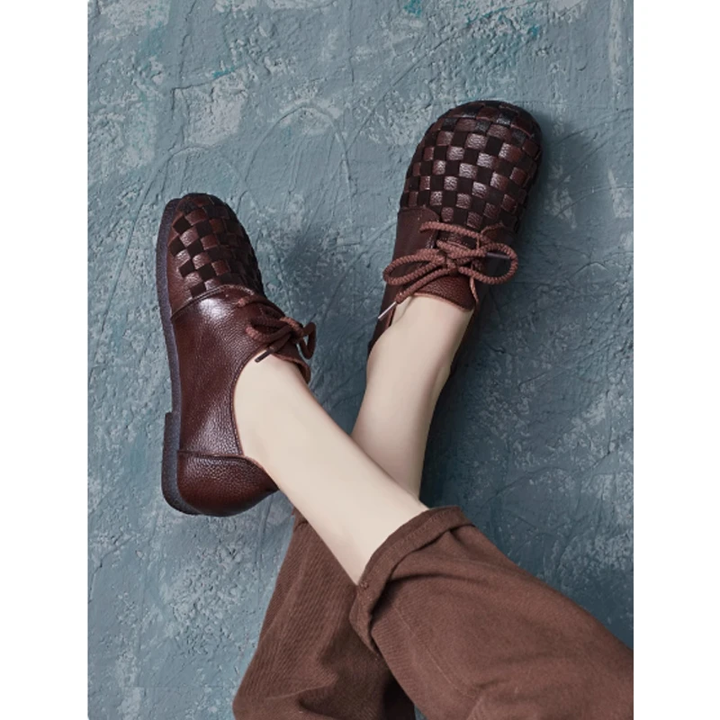 2024（C2）秋季新款民族风复古真皮软底系带平跟圆头女鞋A0-21