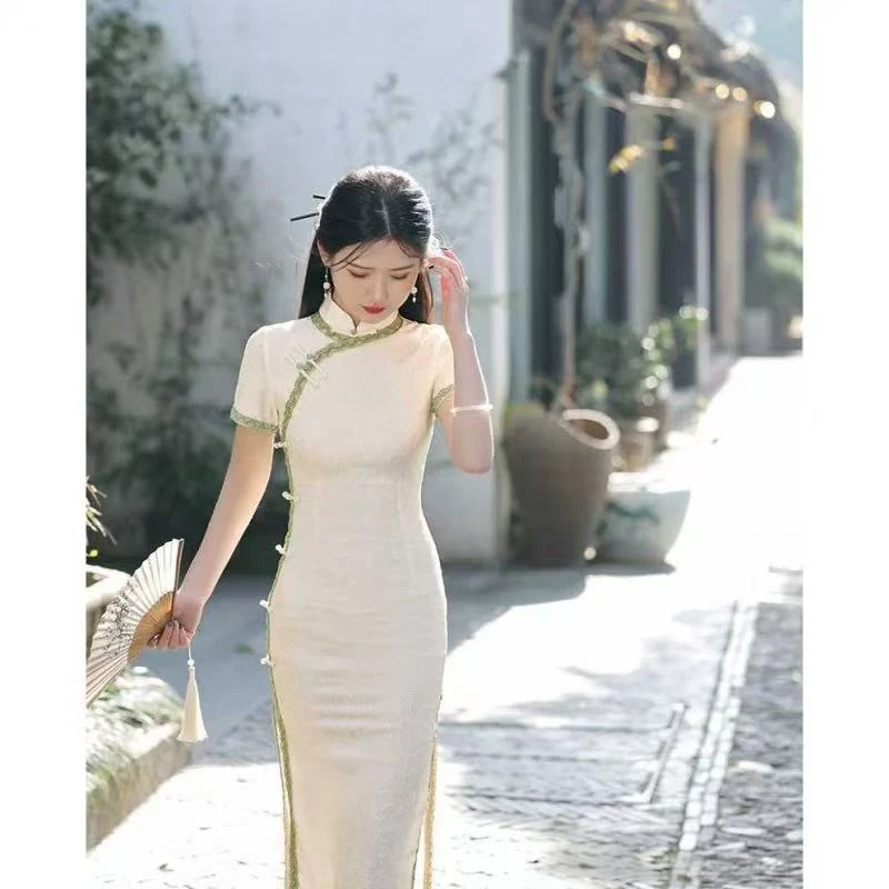 Z 0757 米白色 绿宽花边 【月明】 旗袍