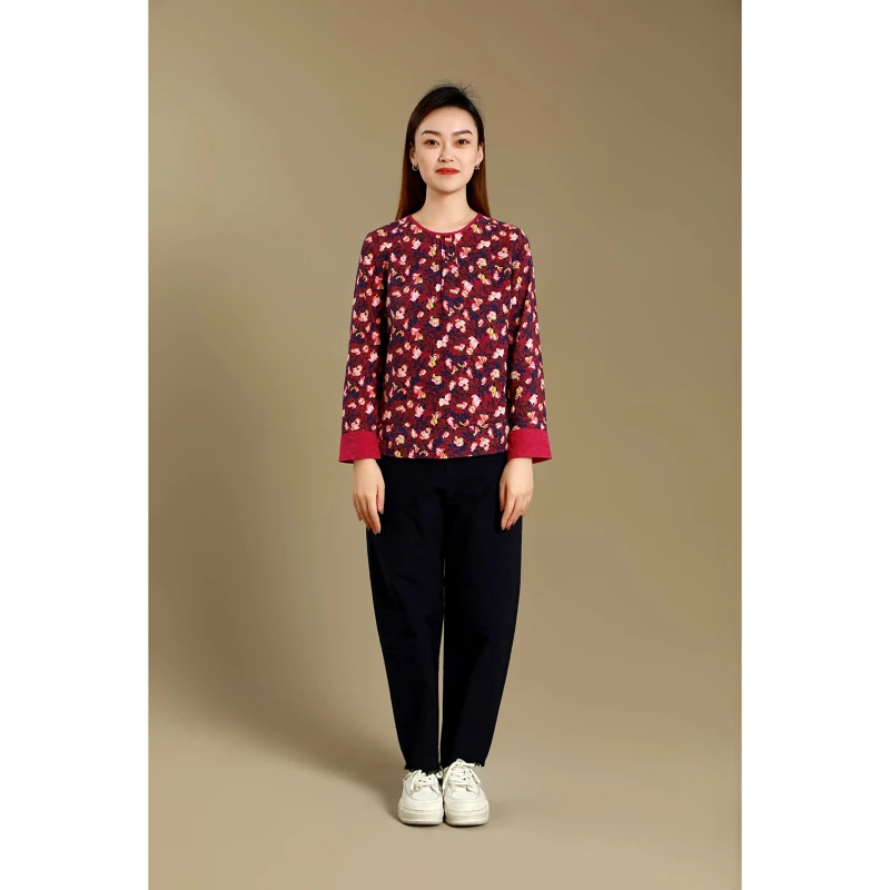 啦娜菲LANAFAY春印花优雅上衣0C505甜菜根紫花