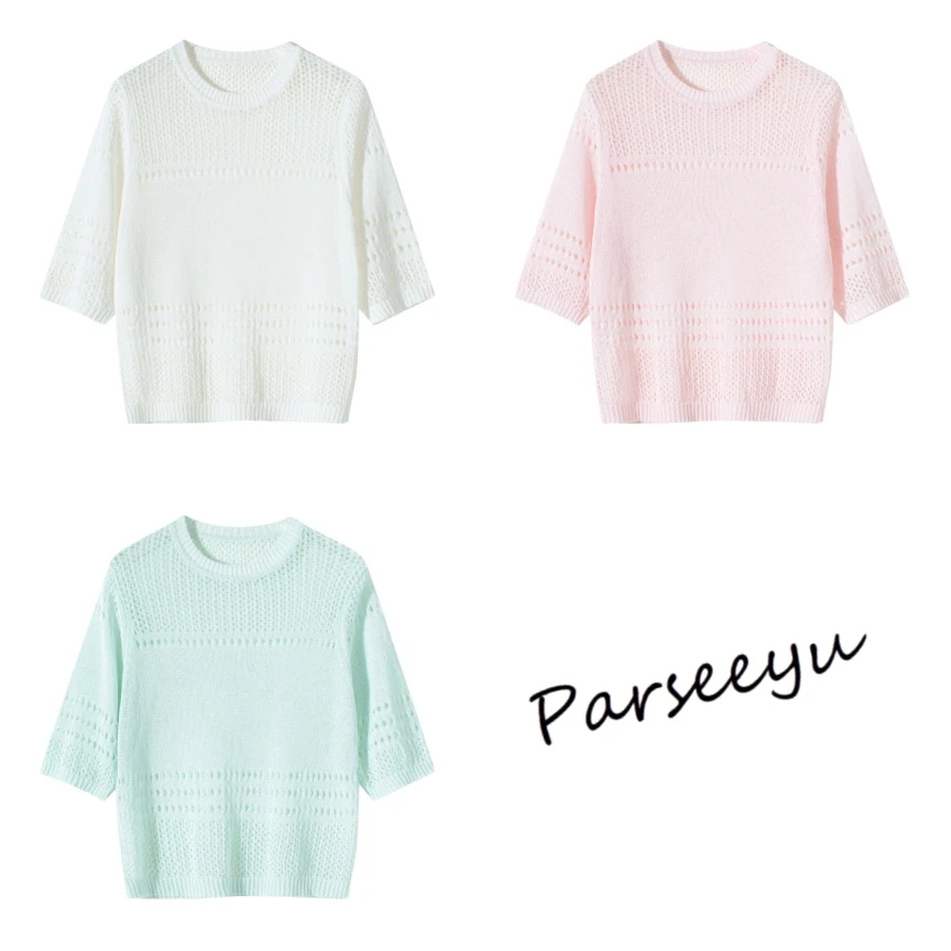 2025年夏季新款时尚防晒针织上衣亚麻和纸纱罩衫小领口短袖T恤