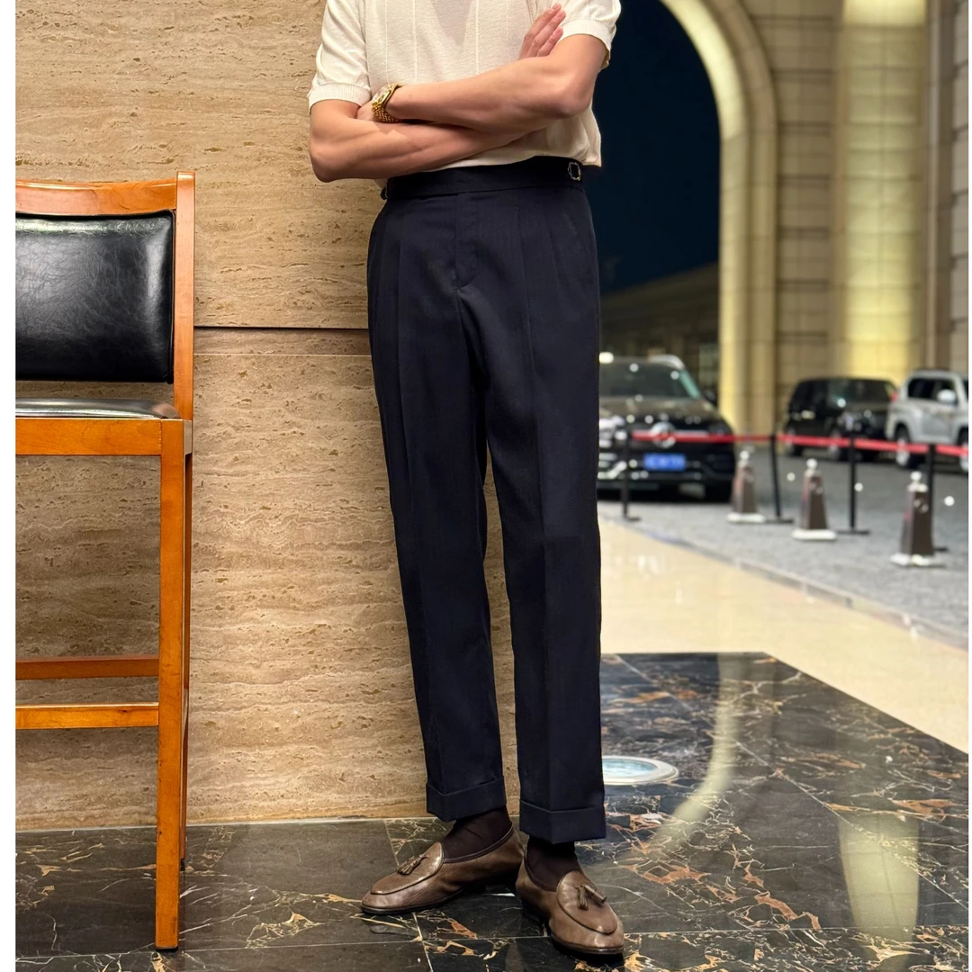 意式巴黎扣腰头直筒长裤高腰商务休闲藏青色垂感男士西裤