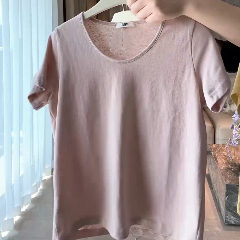 2025新款时尚百搭休闲棉麻纯色鹅蛋领百搭短袖T恤LK2502342