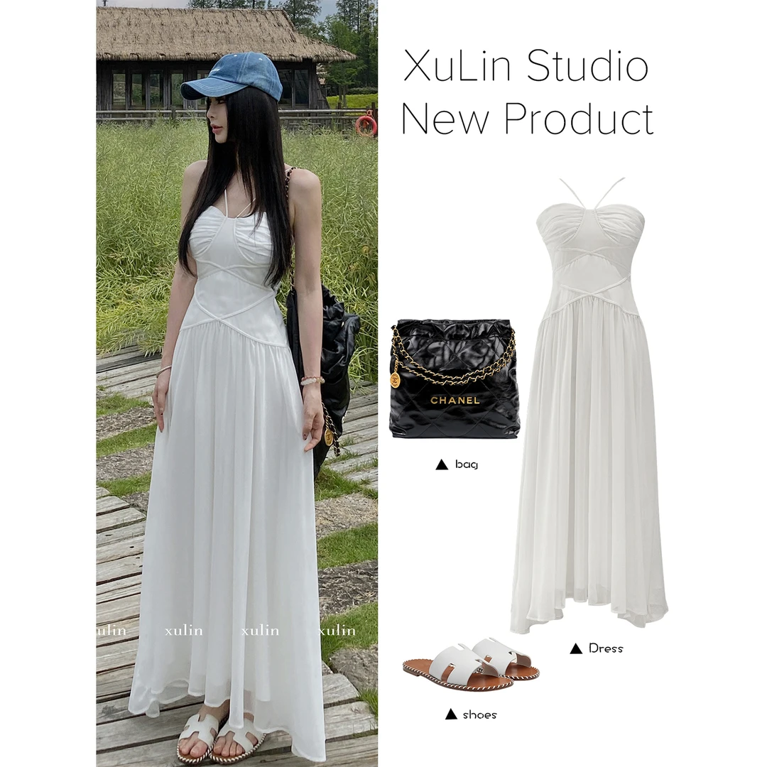 MINI STUDIO徐琳「周末小红裙」胸型抽褶收腰大裙摆吊带裙x240126