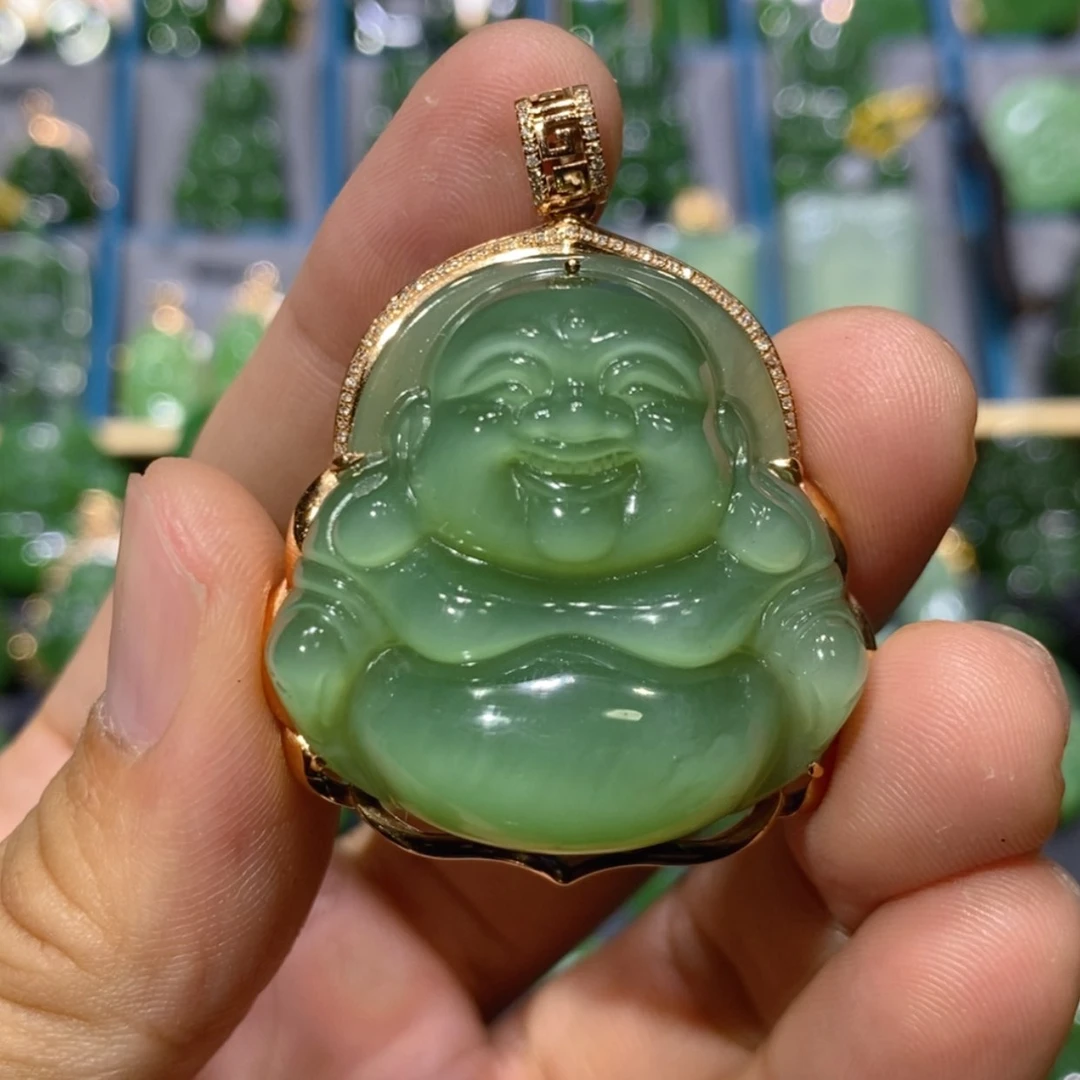 【闪购商品】和田玉吊坠(不含链)18K金镶嵌粉青猫眼佛公 36/16