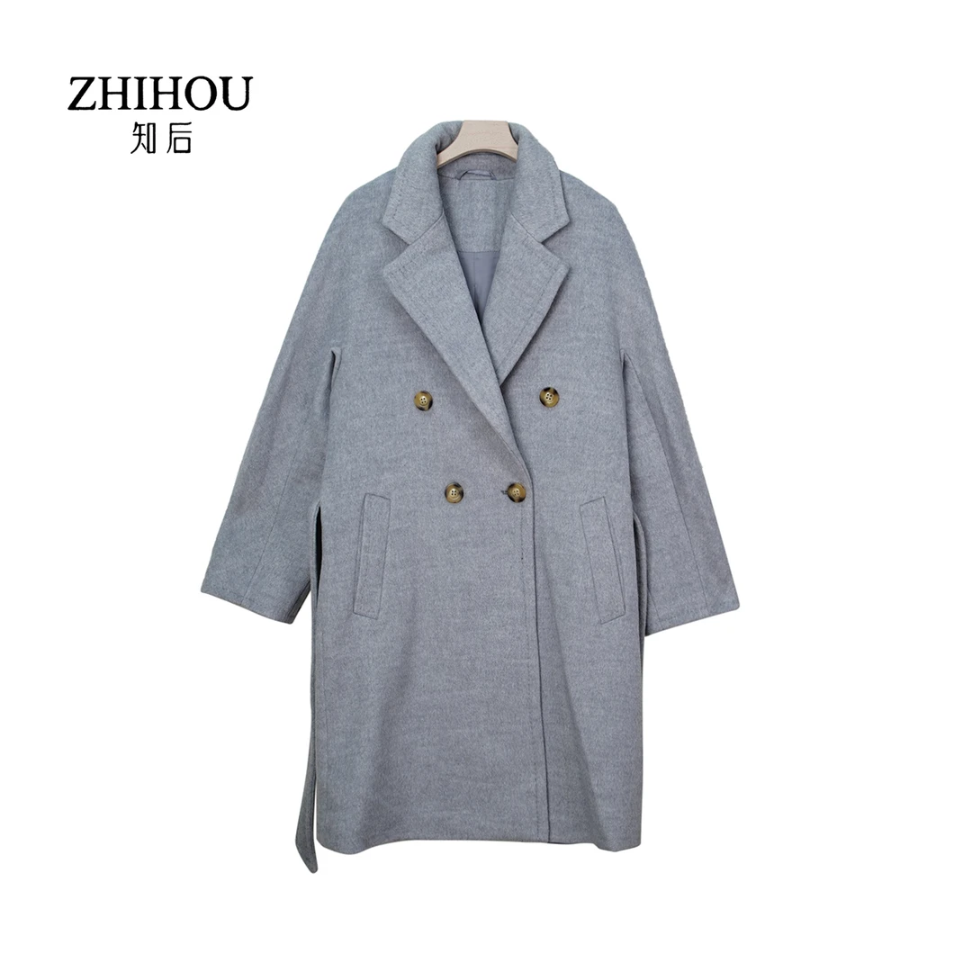 DY21003【知后轻奢定制】时尚浅灰色系带双排扣宽松韩版大衣