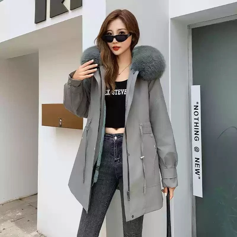 中长款克服新款可拆卸狐狸毛领兔毛内胆真皮草大码外套小个子短款