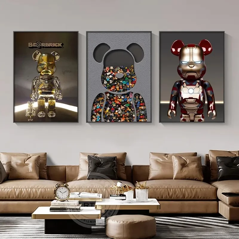 现代客厅暴力熊卡通三联装饰画卧室沙发背景墙挂画