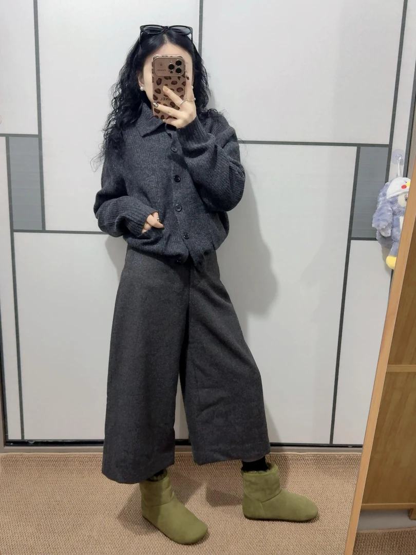 【暮色时光】秋冬气质灰色针织上衣减龄显瘦灰色休闲长裤两件套装