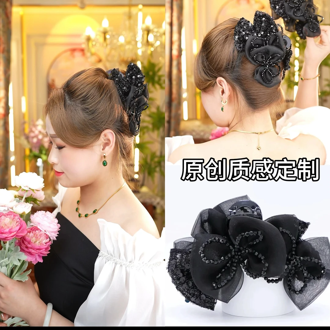 2025夏季重工亮片水晶蝴蝶结抓夹原创发夹发大号鲨鱼夹ins风发饰