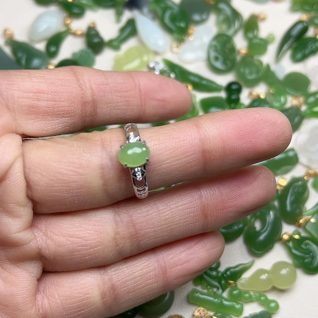 和田玉（碧玉）戒指银S925镶嵌男*