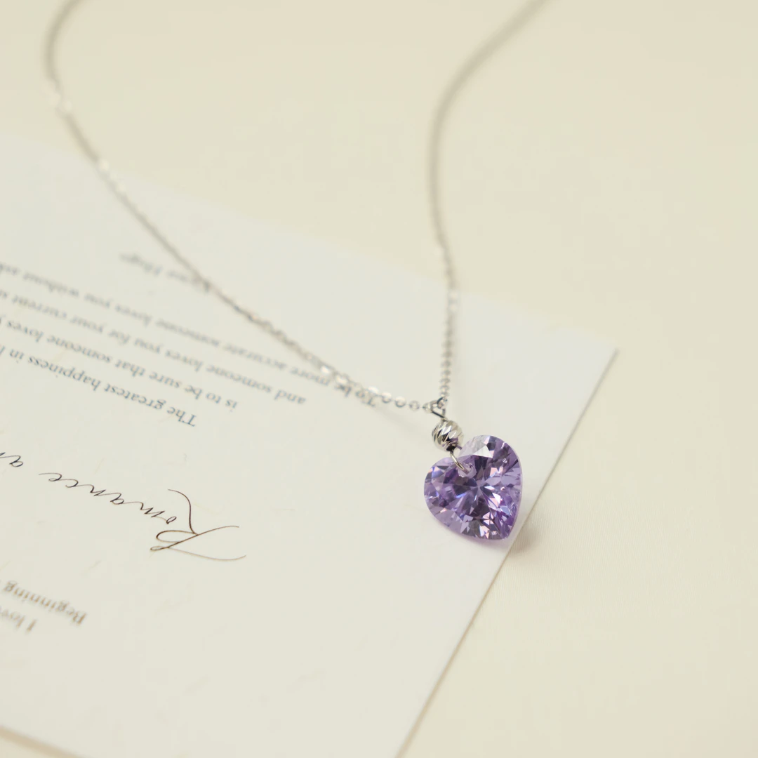 丽沁 链子925银 紫色爱心抽拉项链显白气质甜美轻奢坠链