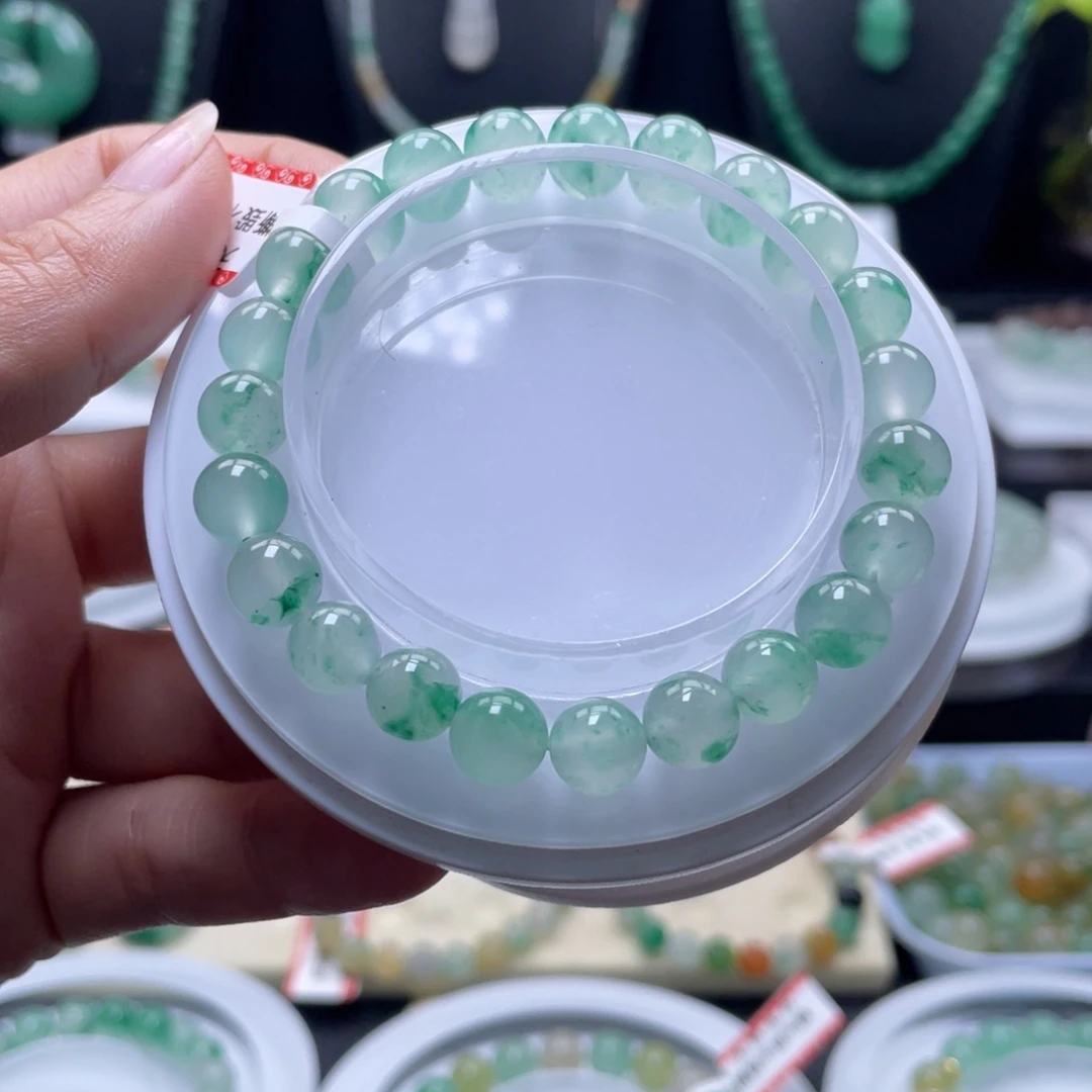 石英质玉（非洲翠）未镶嵌手串卡8，高冰飘花阳绿，捡漏