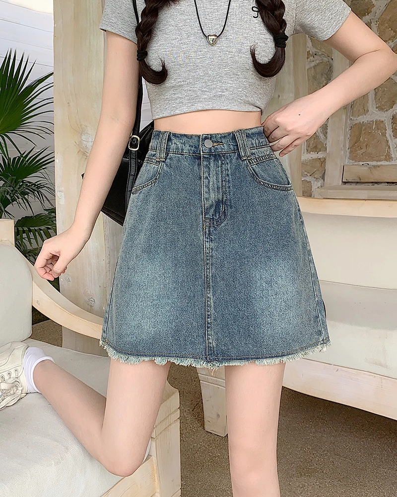 2025夏季新款胖mm大码小个子显瘦牛仔短裙高腰遮肉a字流苏半身裙