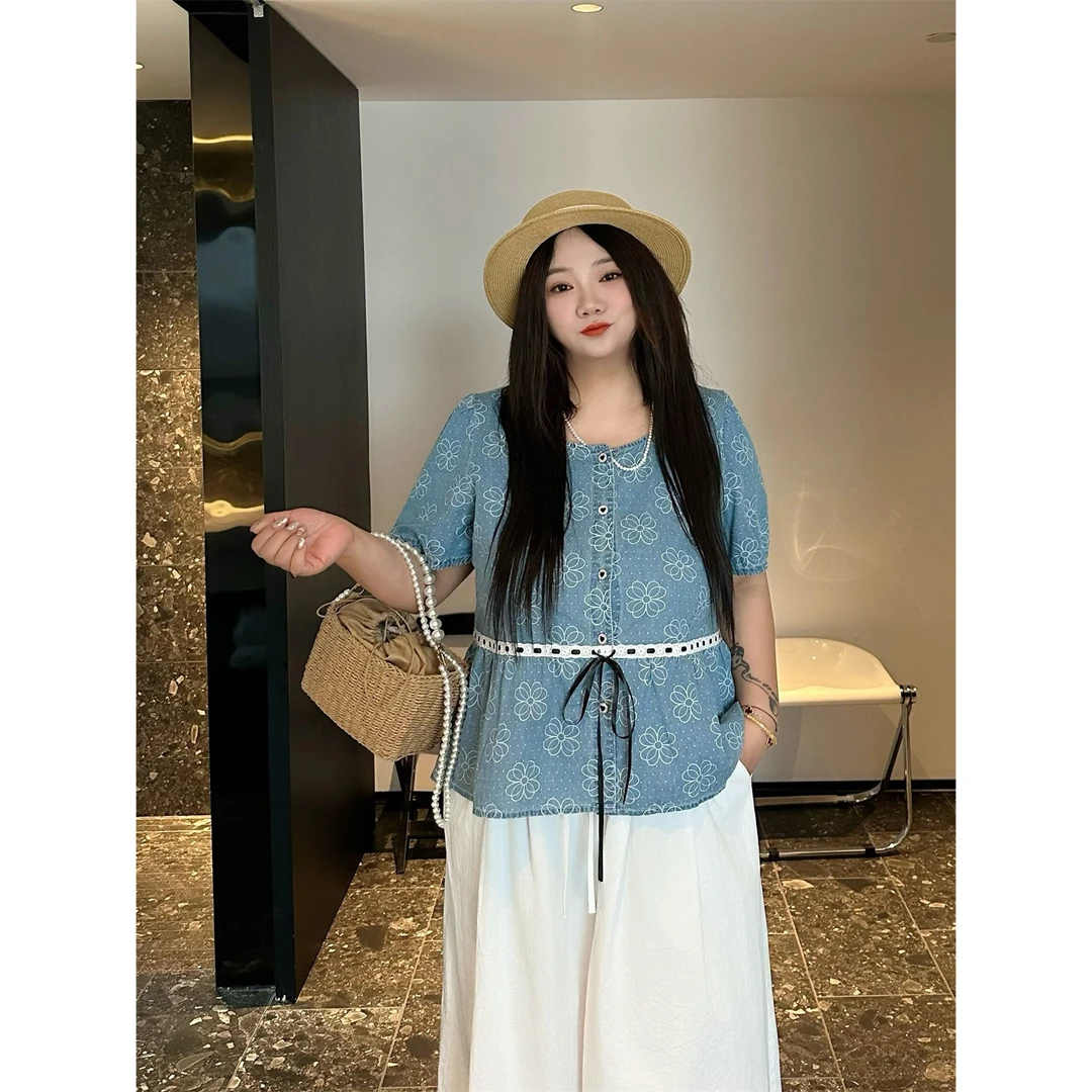 晨樱露语 / 小香风薄款牛仔上衣18240花契大码200斤胖mm夏季时尚