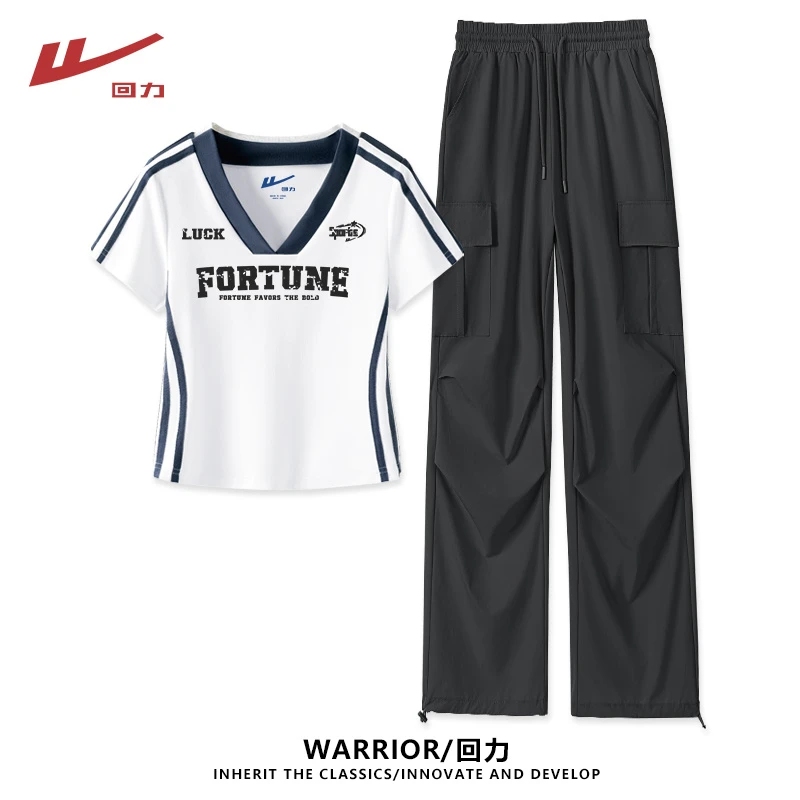 Warrior/回力夏季新款学院风短款辣妹T恤高腰显瘦工装裤两件套