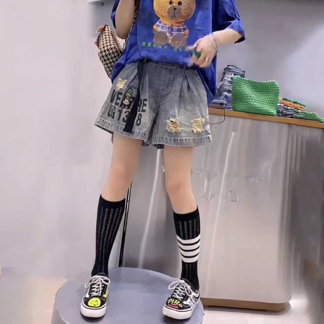 欧货怀旧牛仔短裤女2025夏季新款高腰宽松割破时尚热裤阔腿裤裙潮