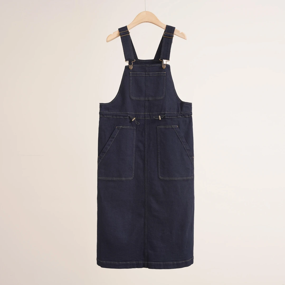 外贸品牌【土壤牛仔】薄棉弹复古靛蓝牛仔背带女士连衣裙（251072）