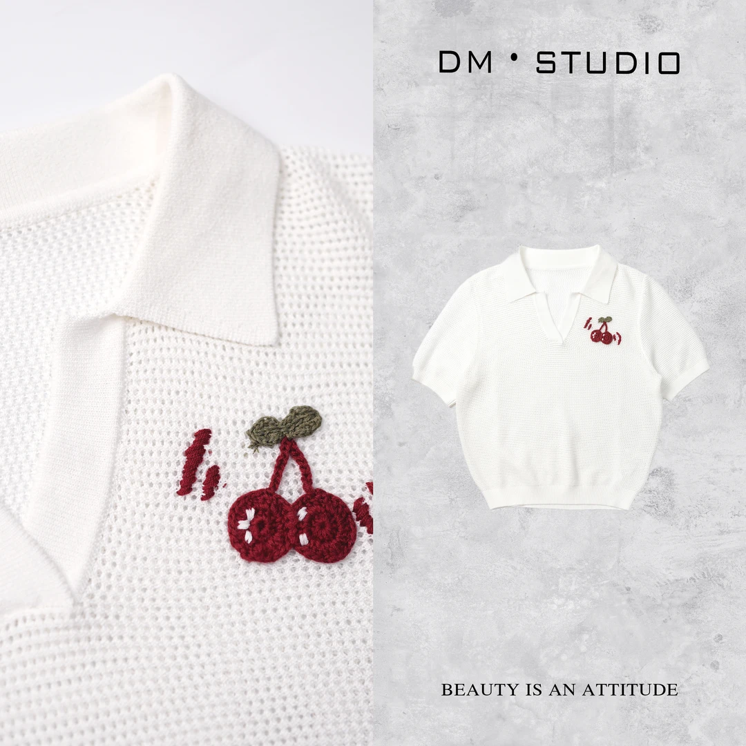 DEDM•STUDIO/镂空透气减龄极简樱桃针织翻领短袖上衣2504ZZS/8870