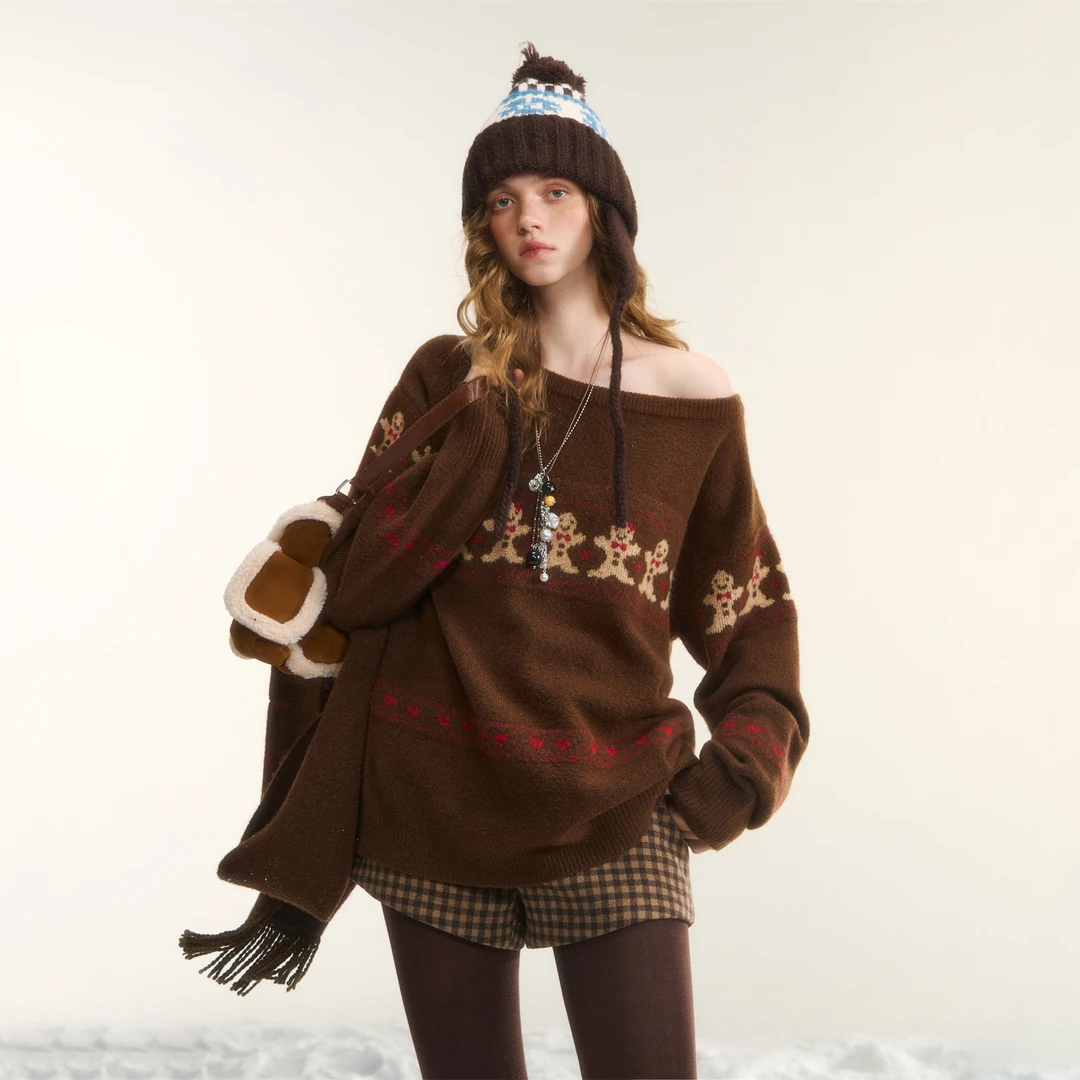 AsGony 羊毛一字领姜饼人费尔岛提花毛衣