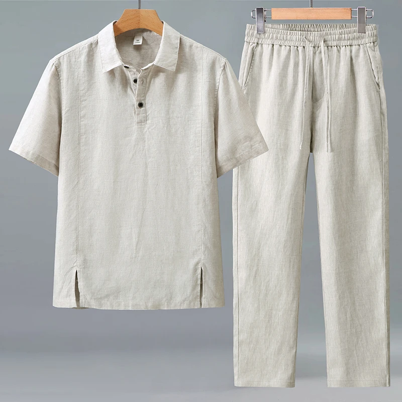 高档纯亚麻翻领短袖衬衫宽松休闲长裤全麻布舒适透气百搭男士套装