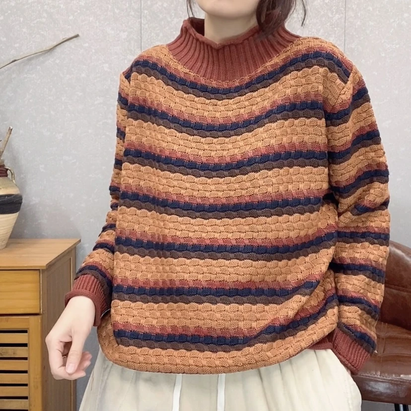 【云吖】韩版复古百搭针织棉线条纹打底毛衣百搭半高领上衣套头