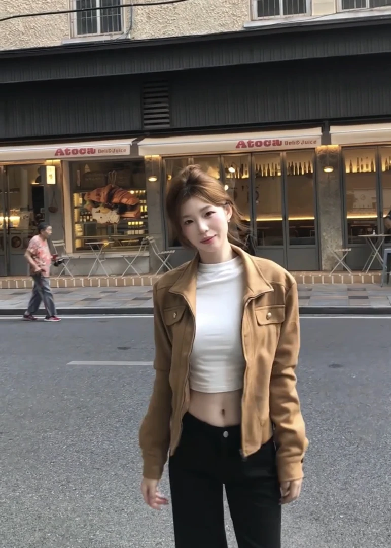 韩系修身显瘦麂皮绒短款外套女秋季窄版阔腿微喇牛仔裤两件套