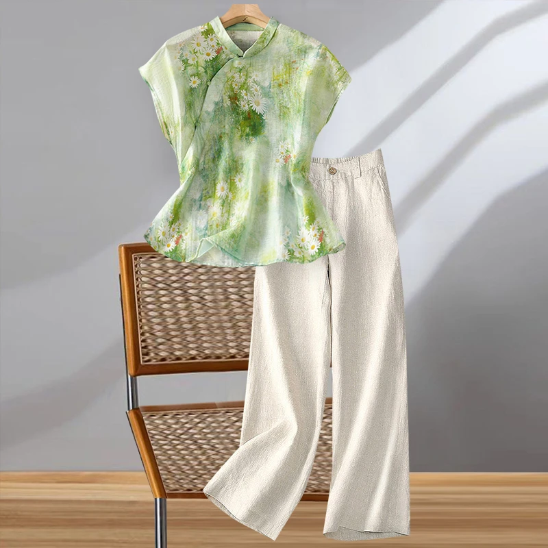新中式国风套装女士夏装妈妈年轻款高端漂亮苎麻衬衫阔腿裤两件套