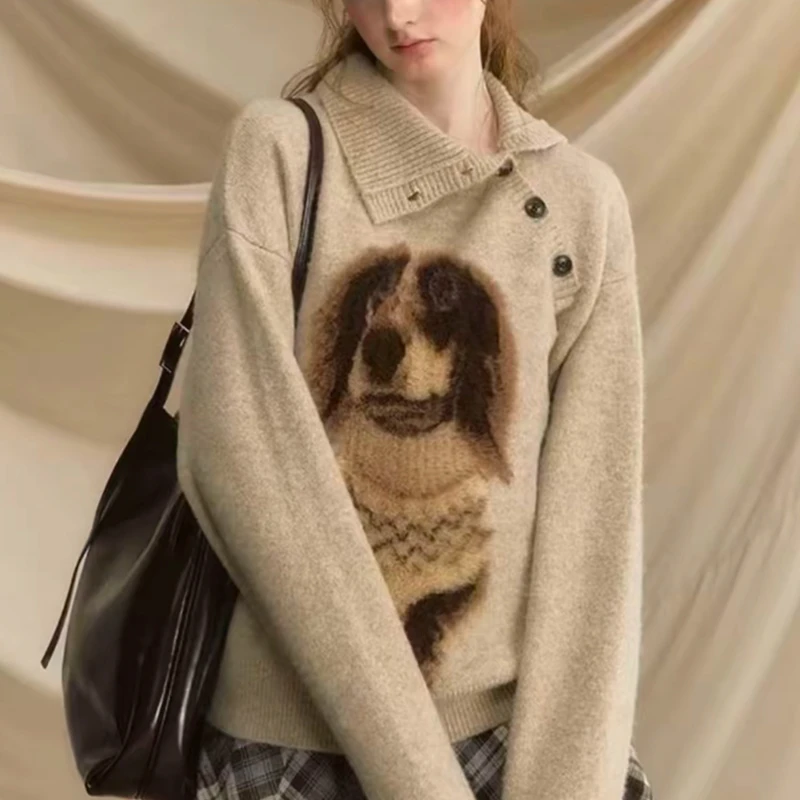 早安小腊肠套头毛衣女装秋冬小狗复古宽松慵懒风外穿针织衫毛衣服