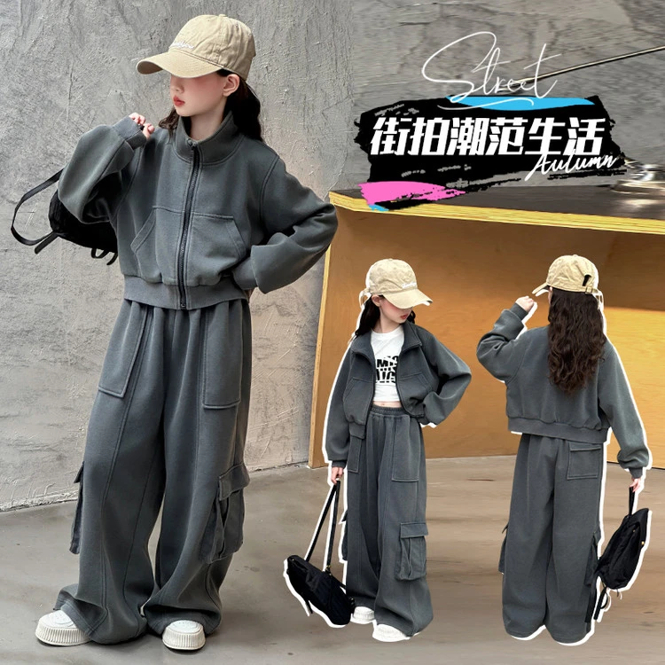 女童工装裤套装秋季2025新款早秋儿童洋气时髦春秋女大童外套秋装