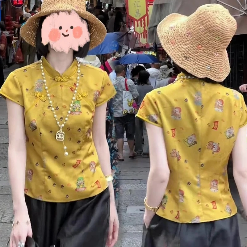 新中式国风上衣2025夏季新款宽松遮肉显瘦斜襟衬衫