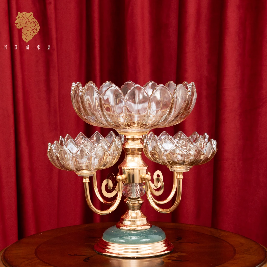 百瑞新欧式玻璃多层水果盘客厅餐桌可旋转分格零食糖果盘-BRX1479