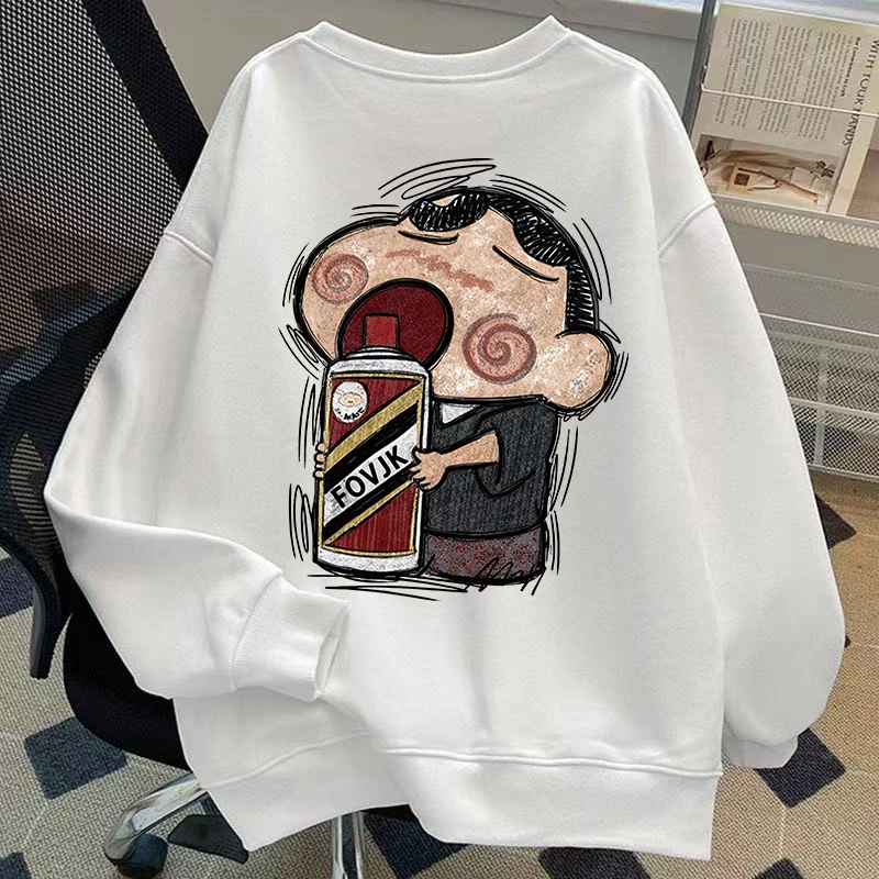 美式复古卡通茅台小新圆领卫衣男女秋冬新款宽松情侣高街上衣外套