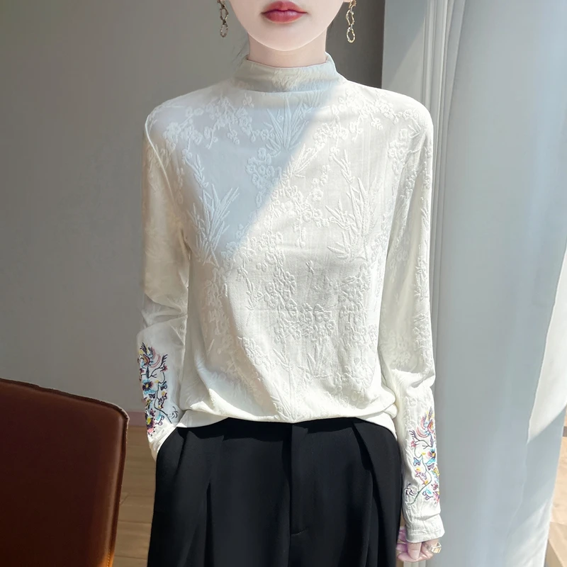 品牌时尚女装秋冬新款国风刺绣针织衫上衣提花半高领内搭打底衫女