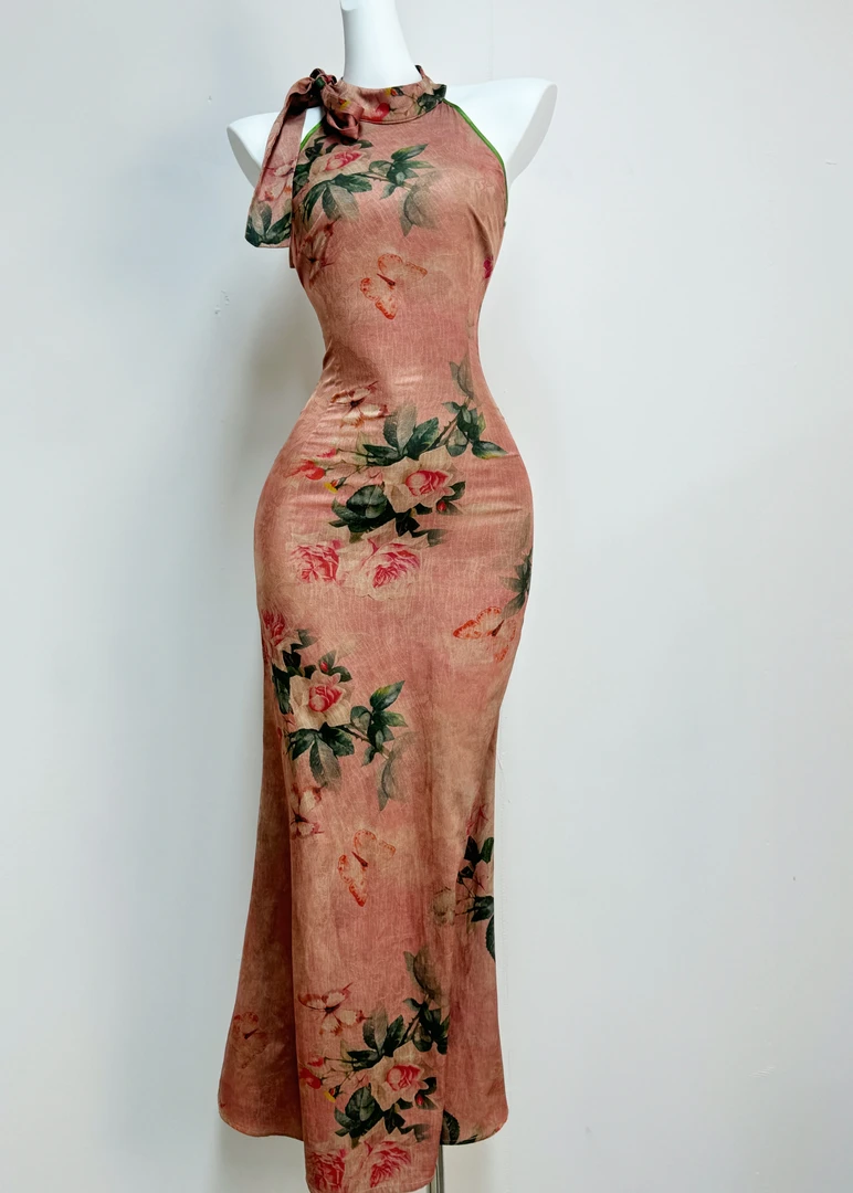 秋辞香~兰花豆 新中式改良挖肩国风鱼尾长款小清新连衣裙