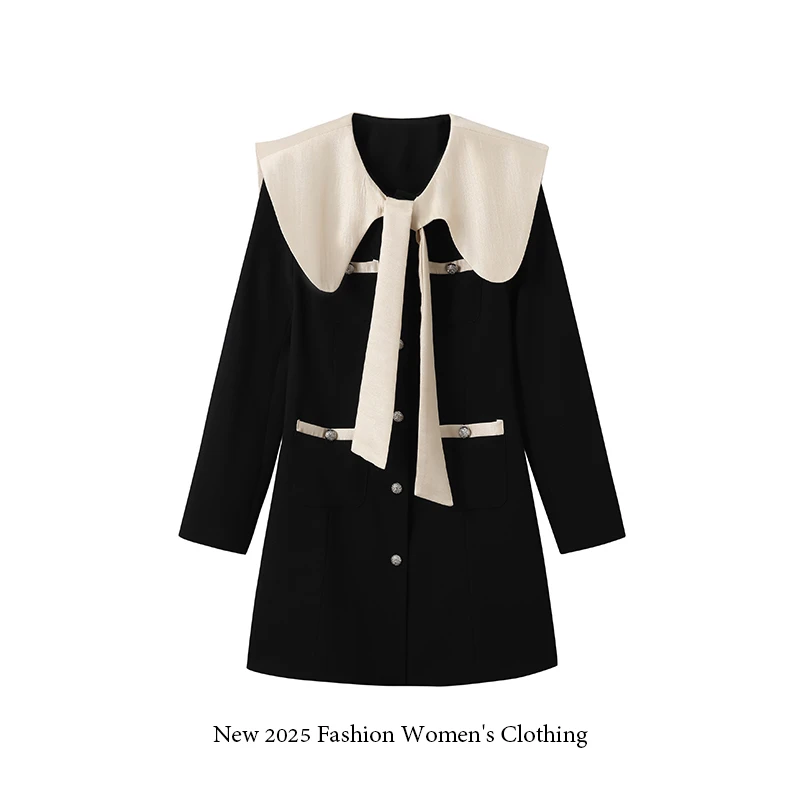 春装新款设计师款春装宫廷风翻领绑带撞色单排扣长袖外套/1330