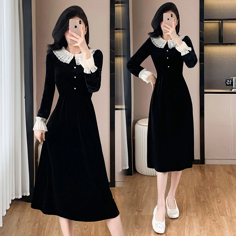 设计感小众娃娃领黑色丝绒连衣裙女秋季显瘦气质名媛赫本风长裙子