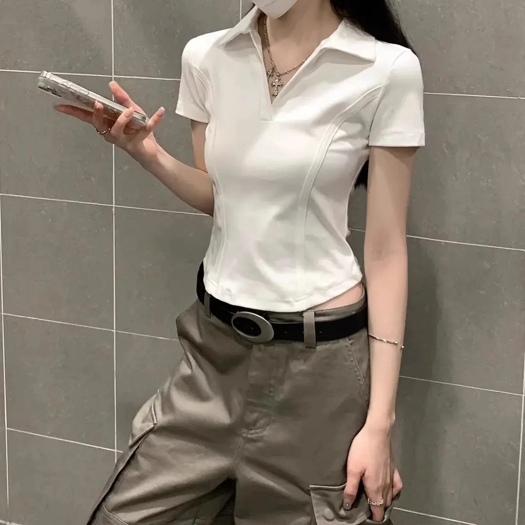 2025年新款女装夏季polo领正肩T恤休闲小众设计感小衫短款上衣潮