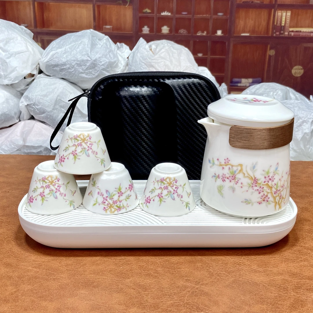ZH3684紫藤花手抓壶一壶四杯带包茶盘旅行快客密胺白色便携式套装