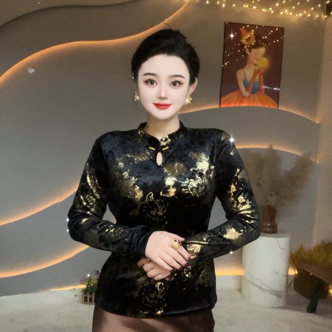 【开春新款】新中式国风黑金植绒烧花长袖