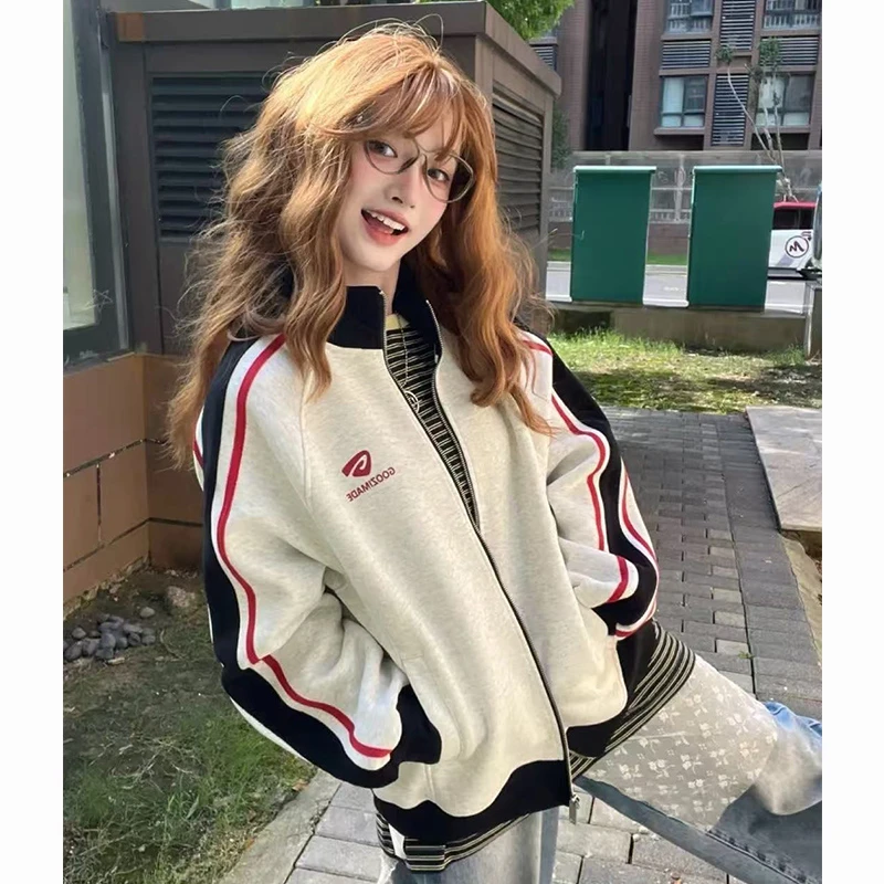 美式撞色插肩棒球服立领卫衣外套女早秋穿搭慵懒风拉链上衣#WY183