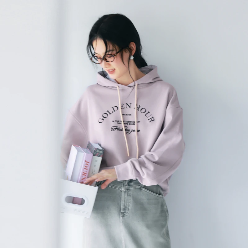 伊芙丽美式学院字母印花休闲百搭灰色短款连帽卫衣女1G1901261