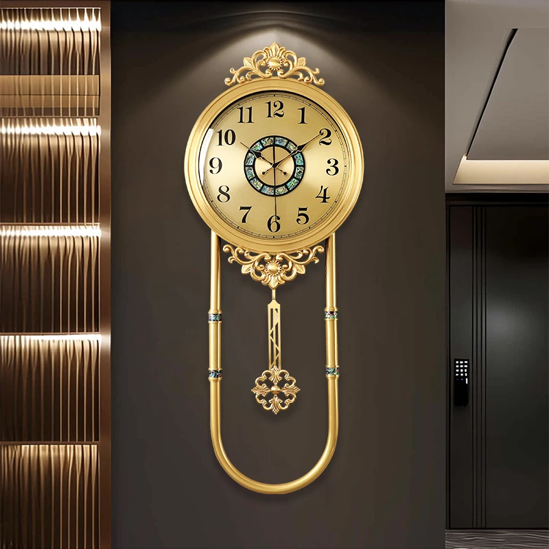 欧式黄铜轻奢挂钟客厅简约摆钟创意家用新款静音钟表美式装饰时钟