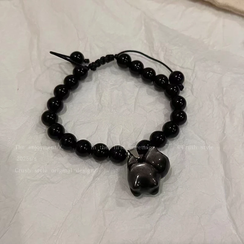 黑色串珠猫咪手链女甜酷可爱小众设计感高级个性手饰9956