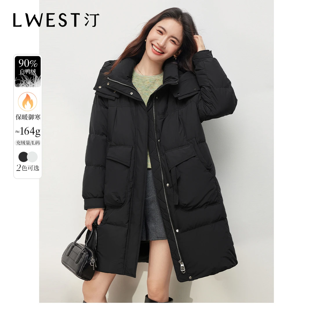 Z朗文斯汀黑色白鸭绒羽绒服中长款冬季新款时尚连帽保暖鸭绒外套