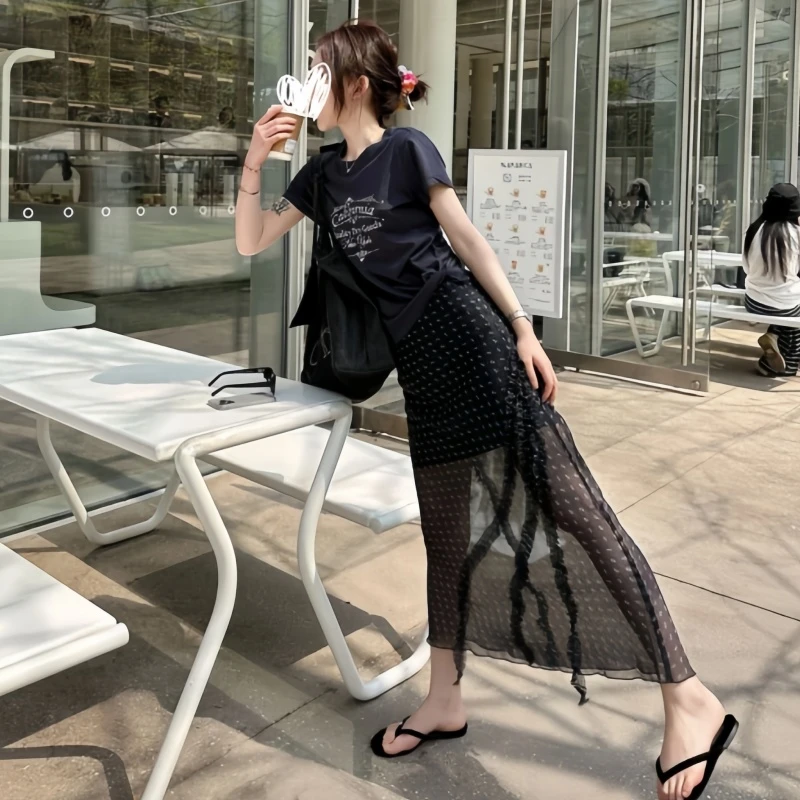 夏日绝美松弛感穿搭套装女美式字母短袖T恤＋高腰显瘦碎花半身长裙