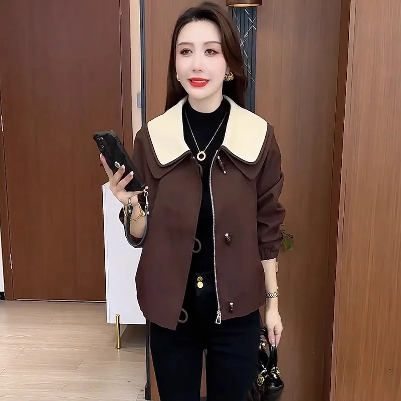 时尚设计感娃娃领短款外套女2025春秋新款撞色百搭显瘦休闲夹克衫
