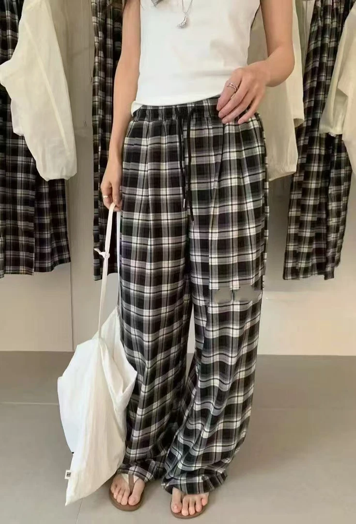 1881番外早秋新款格子运动风棋盘格时尚百搭阔腿裤休闲裤女