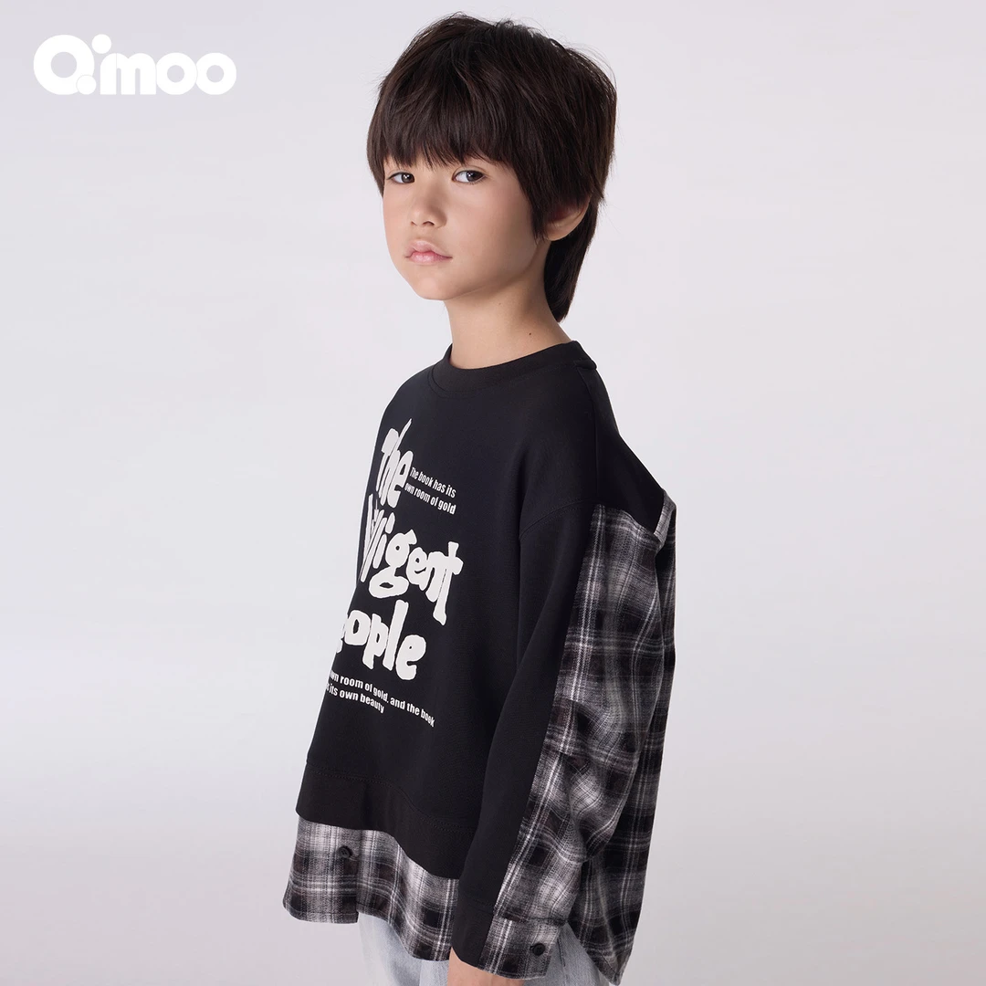 Qimoo/淇木25秋季男女童卡通长袖卫衣假两件格子套头衫QSS3TC207B